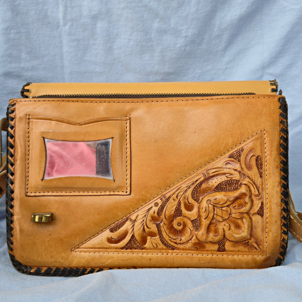 Vintage Curiosidades Mexicanas de Monterrey Hand Tooled Leather Bag Aztec Sun - Picture 3 of 13
